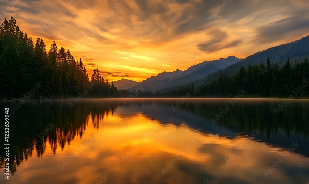 Obraz premium Serene lake at sunset, reflecting vibrant colors against a mountainous backdrop.