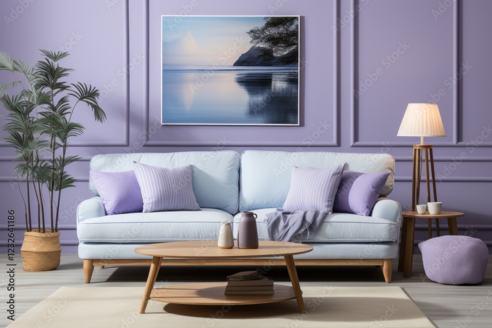 Obraz premium Lavender-walled living room with light blue sofa, coastal art, and wooden coffee table