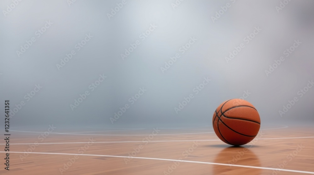 Basketball on Hardwood Court Minimalist Image Basketball on Hardwood Court Minimalist Image