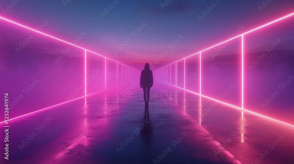 Silhouette Walking Through Glowing Neon Tunnel Silhouette Walking Through Glowing Neon Tunnel