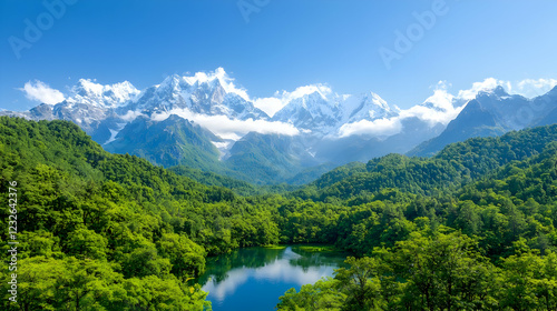 Wallpaper Mural Mountain lake, lush forest, snow-capped peaks, sunny day, travel poster Torontodigital.ca
