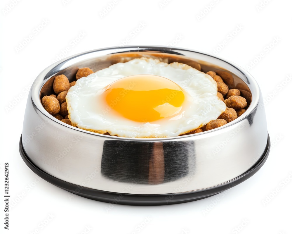 Pet food industry , pet business growth A bowl of pet food topped with a fried egg. Isolate on white image for advertising Pet food industry , pet business growth A bowl of pet food topped with a fried egg. Isolate on white image for advertising