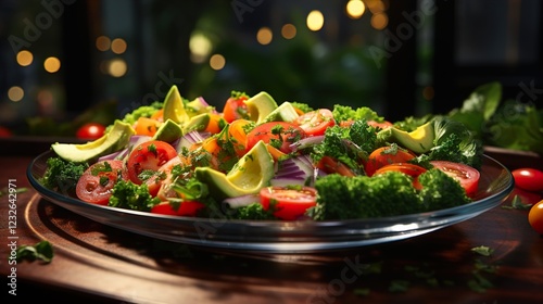 Closeup of a vibrant bowl of mixed vegetable salad on a table  HD 8K wallpaper Photographic Image