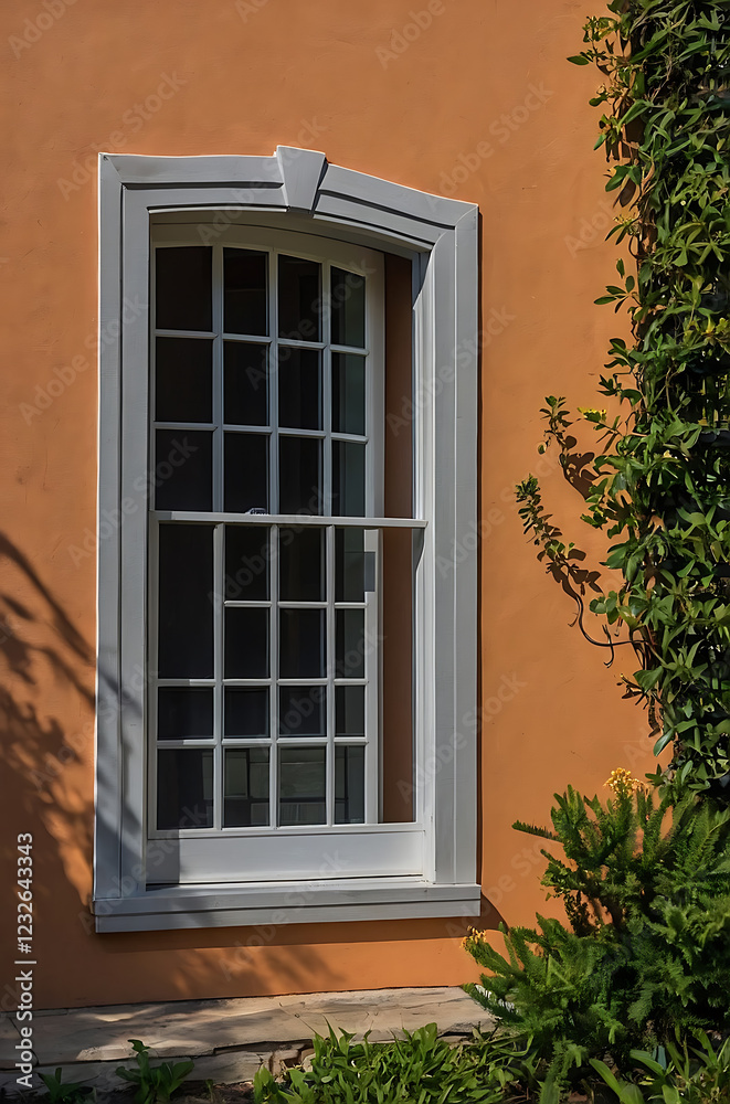 Fototapeta premium A charming window with a grey frame and multiple panes, set against an orange stucco wall, surrounded by greenery. The scene is bathed in sunlight, creating beautiful shadows.
