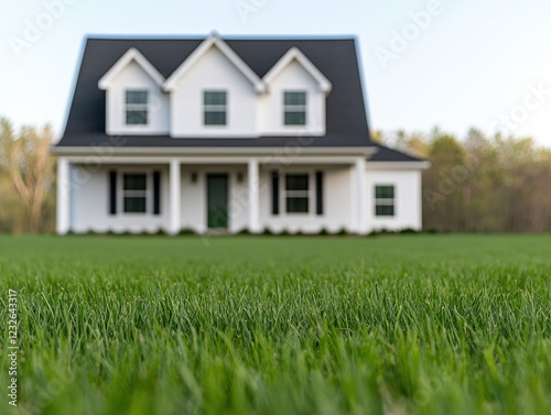 Wallpaper Mural A charming white house with a green door, set against a backdrop of lush grass and trees, exuding a welcoming and tranquil atmosphere. Torontodigital.ca