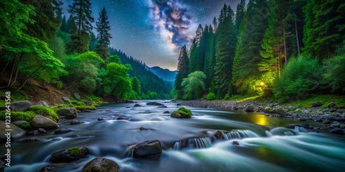 Peaceful Cascade River & Clark Creek Confluence, Marblemount, Washington - Early Summer Night Photography photo