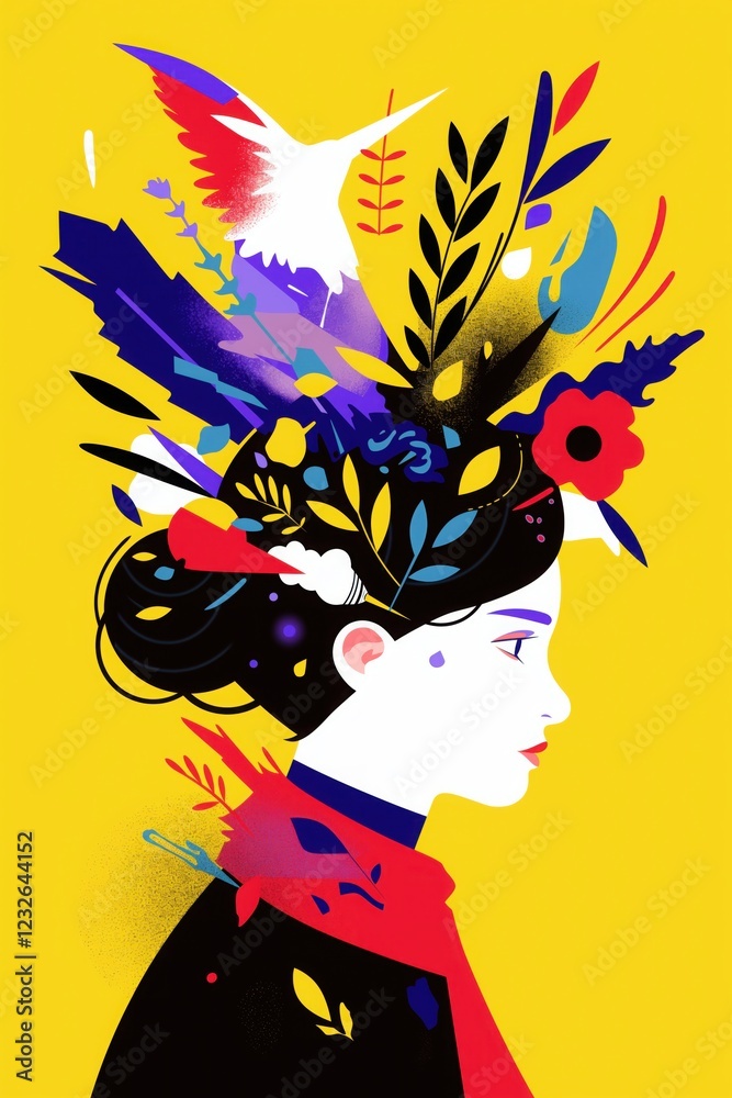 Naklejka premium side profile of woman with floral shapes and hummingbird adorning her hair in a colorful illustration copyspace concept of art, lifestyle, creativity