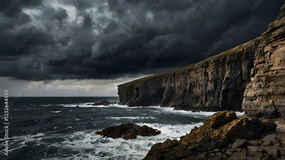 Fototapeta premium Majestic rocky cliffs rise above the deep blue ocean, with dark storm clouds looming overhead. The rugged coastline and powerful waves create a dramatic and moody atmosphere, perfect for eascape photo