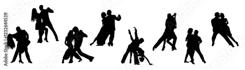 Silhouettes of Dancing People, Dancer Bachata, Salsa, Flamenco, Tango, Latina Dance. Set of couples in different dance poses. Black monochrome vector illustrations isolated on transparent background.