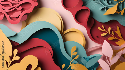 Colorful paper cut floral design, abstract background, decorative,  wallpaper photo