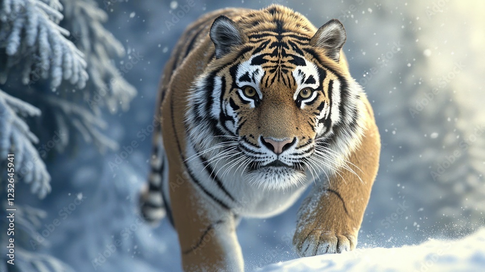 Obraz premium Majestic Siberian Tiger Walking Through Snowy Forest