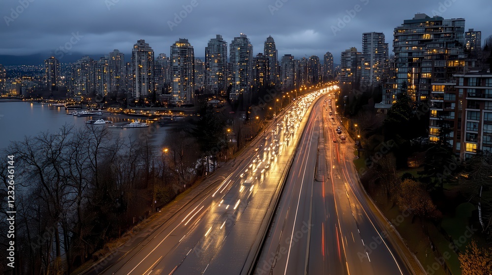 City Highway at Twilight Elevated View of Traffic and City Lights City Highway at Twilight Elevated View of Traffic and City Lights