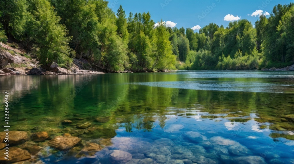 Naklejka premium Serene River Landscape with Crystal Clear Water and Lush Green Trees