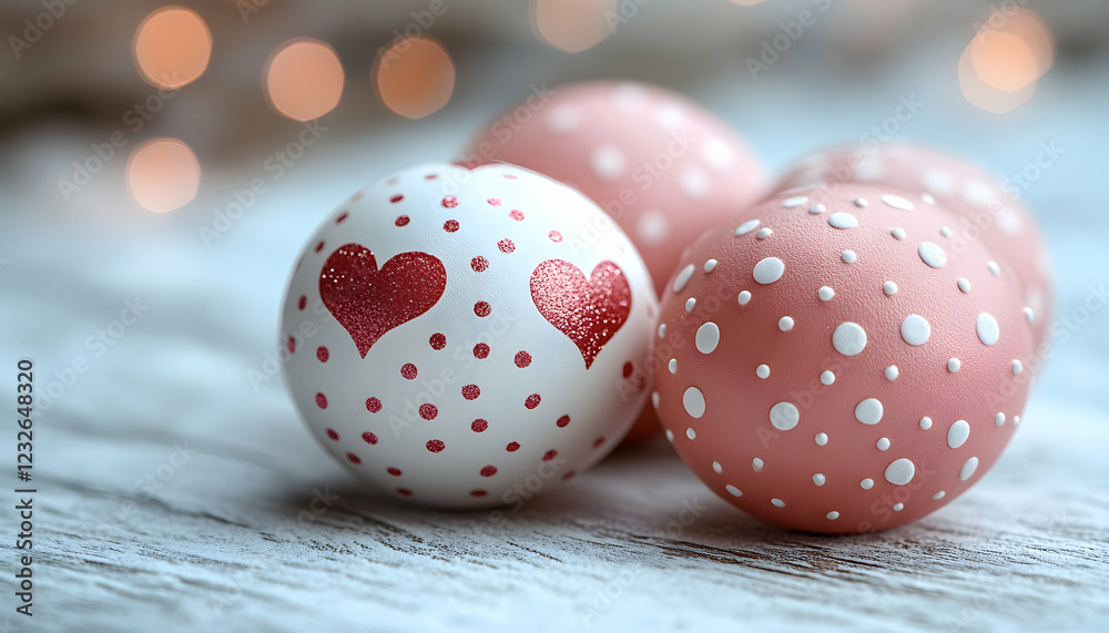 Obraz premium Photo - Festive Valentine's Day Decor Hearts, Decoration, Love, Romantic, Pink, White, Polka Dots, Wood, Bokeh, Lights