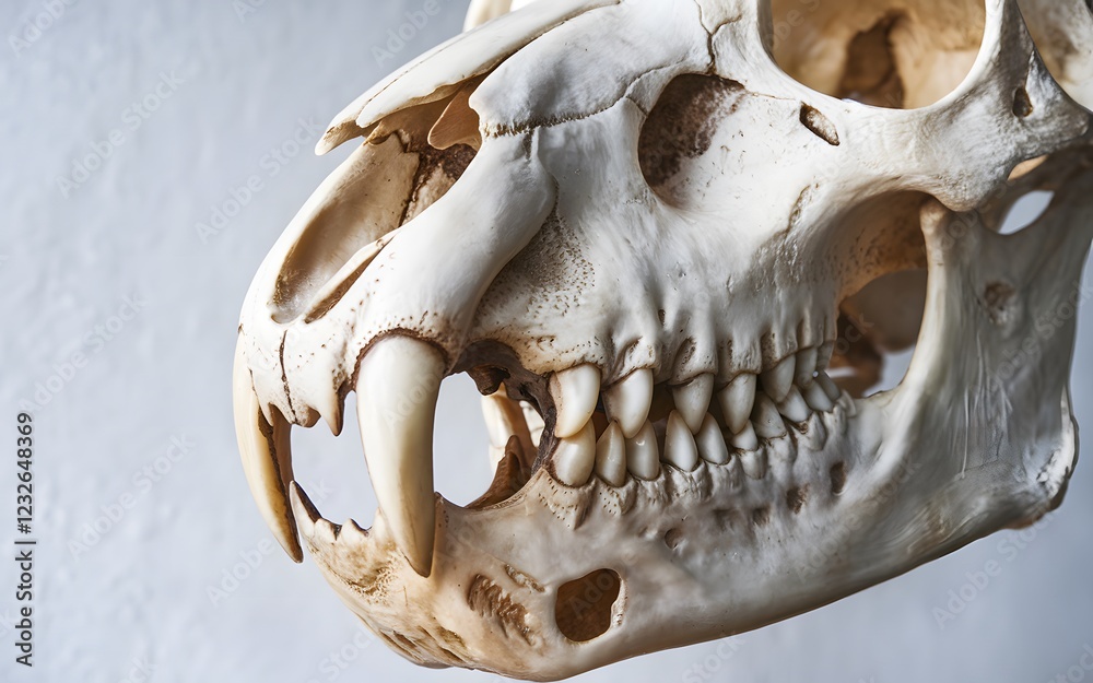Naklejka premium Wolf Skull Macro Photography Capturing Its Natural Bone Ridges and Menacing Fangs in High Detail