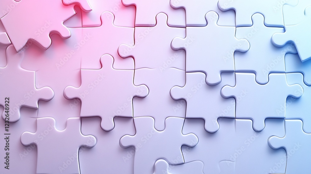 Fototapeta premium Pink-blue puzzle pieces connect, background blurred, teamwork concept