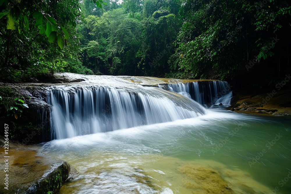 Fototapeta premium Long exposure capture of a tranquil waterfall in a lush green forest