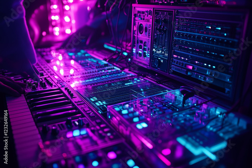 Vibrant low-angle view of a music producers studio showcasing equipment and colorful lights photo