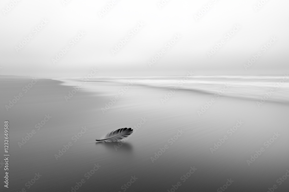 Minimalist view of a single feather resting on the tranquil shore at dawn Minimalist view of a single feather resting on the tranquil shore at dawn