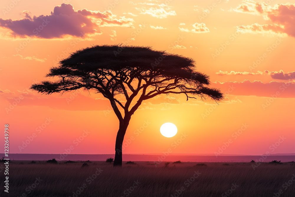 Lone tree silhouetted against a vibrant sunset in a tranquil landscape