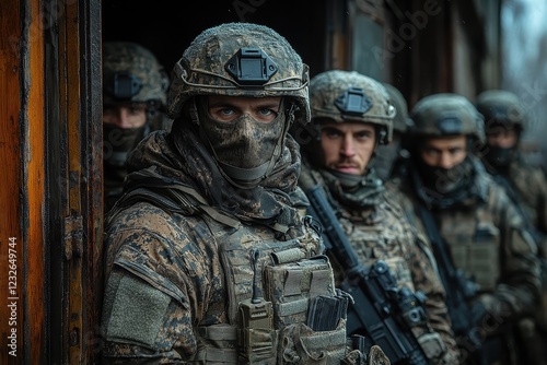 Soldiers in tactical gear preparing for a mission in a weathered urban environment during overcast conditions
