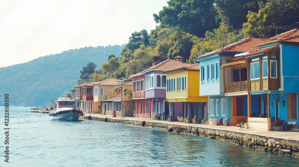 Colorful waterfront houses, boat, hills, sunny day, travel postcard Colorful waterfront houses, boat, hills, sunny day, travel postcard