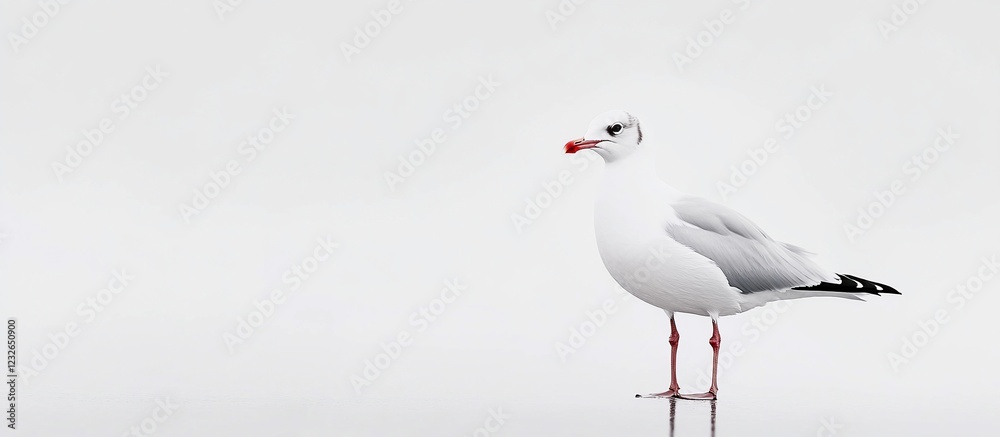 White seagull standing, calm water background, minimalist nature scene White seagull standing, calm water background, minimalist nature scene