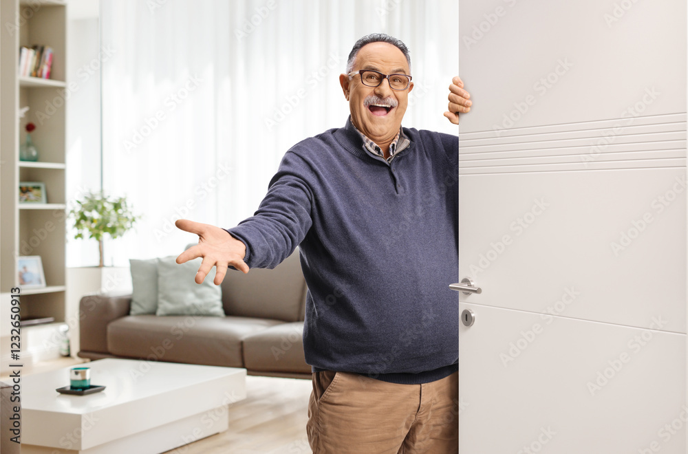 Fototapeta premium Excited mature man behind a door