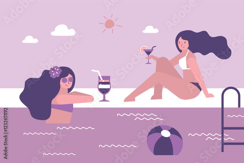 Women relax and talking in pool. Ladies in bikini rest with cocktails. Beautiful tanned girls enjoy on luxury spa vacation in tropical hotel. Summer time, holiday swimming pool party.
