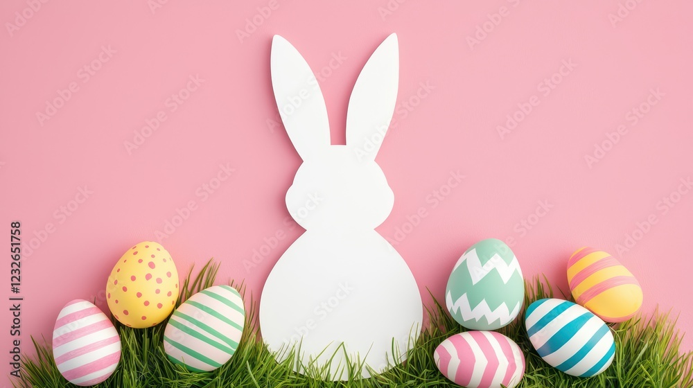White Bunny Silhouette Surrounded by Colorful Easter Eggs on Pink Background White Bunny Silhouette Surrounded by Colorful Easter Eggs on Pink Background