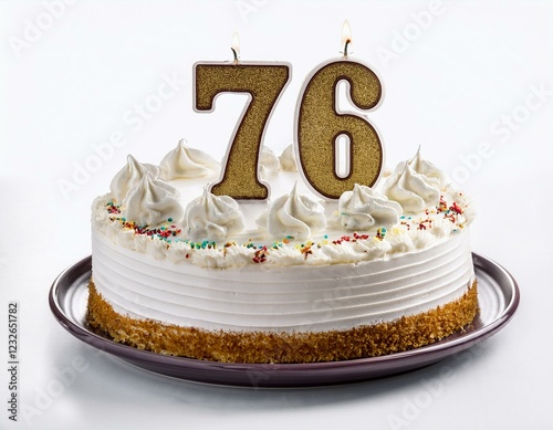 Decorated white cake for birthday or anniversary party, candle number 76, white background photo