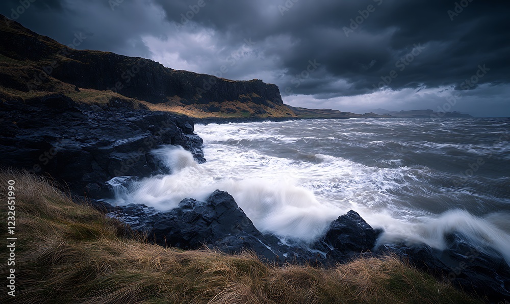 Fototapeta premium Dramatic seascape with crashing waves and dark stormy skies over rocky coastline.