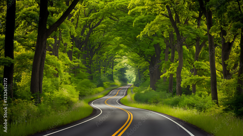 Winding Road Through Lush Green Forest Canopy Winding Road Through Lush Green Forest Canopy