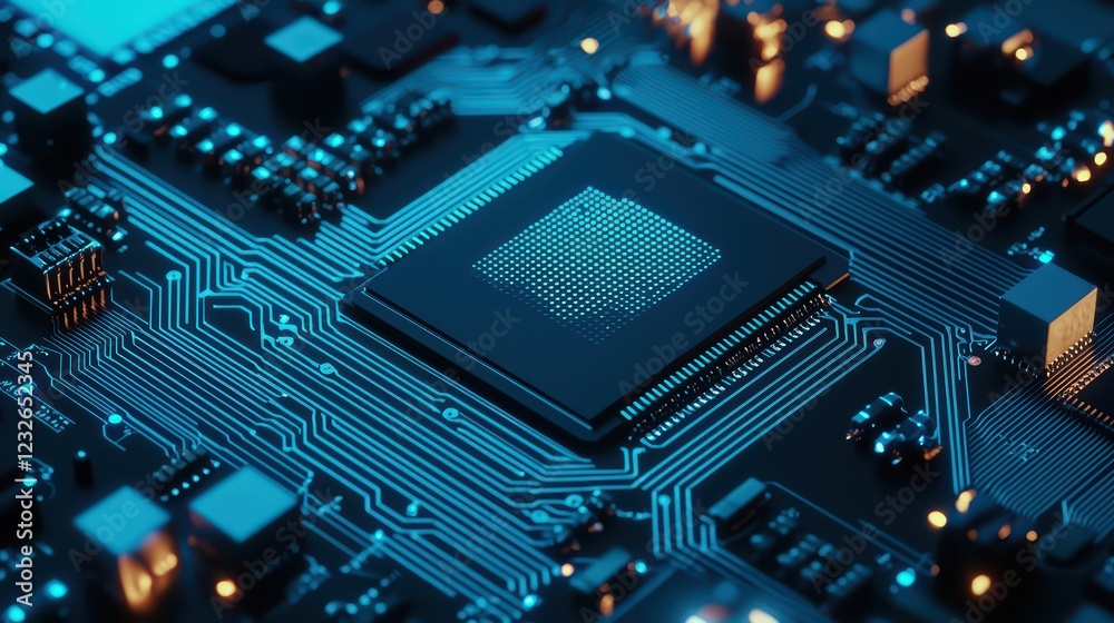 Fototapeta premium Close-Up of an Electronic Circuit Board with Modern Microchip Design