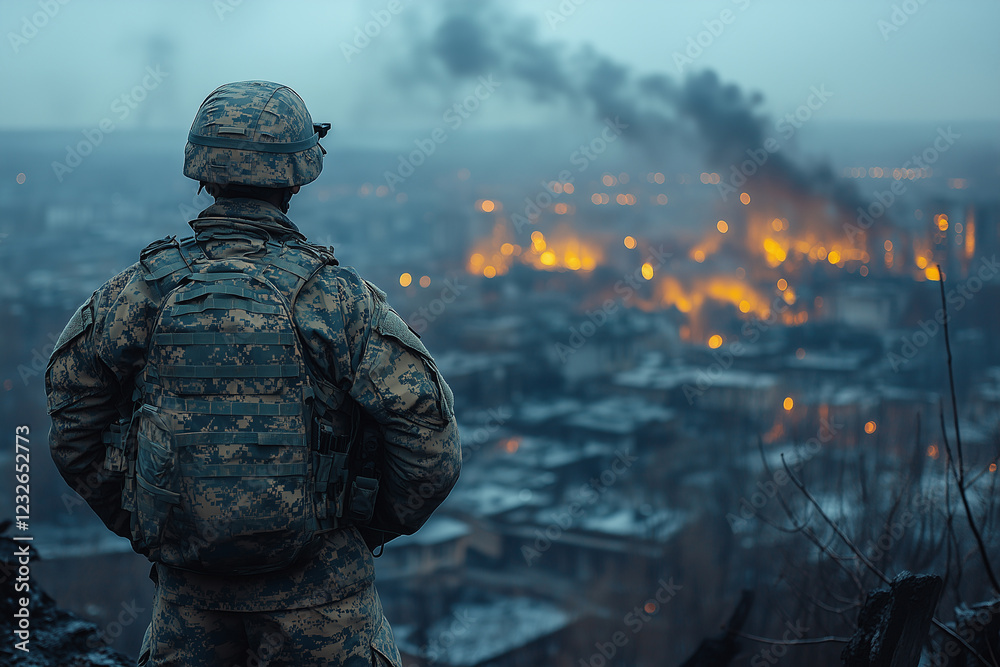 A soldier in military uniform stands looking at the burning city A soldier in military uniform stands looking at the burning city