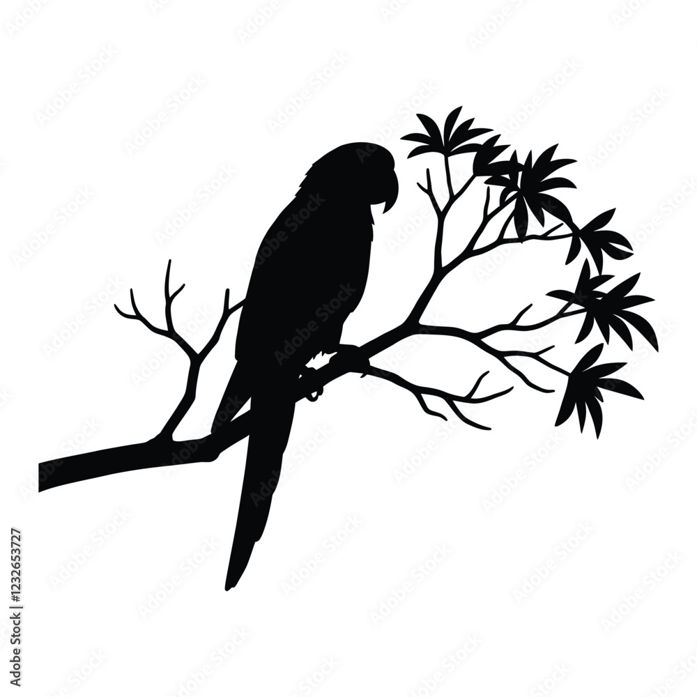 Fototapeta premium Parrot stand tree branch black silhouette vector illustration.