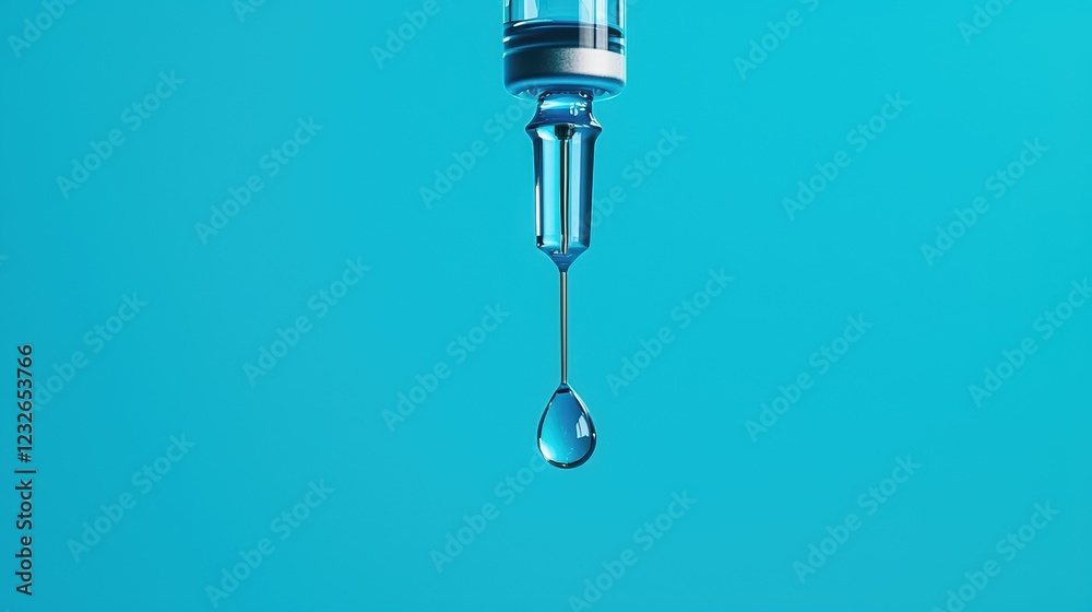 Transparent Droplet from Syringe on Vibrant Blue Background Transparent Droplet from Syringe on Vibrant Blue Background