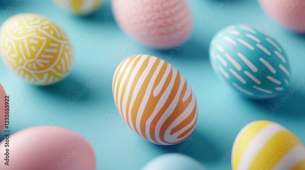 Colorful Easter Eggs with Unique Patterns on a Light Blue Surface Colorful Easter Eggs with Unique Patterns on a Light Blue Surface