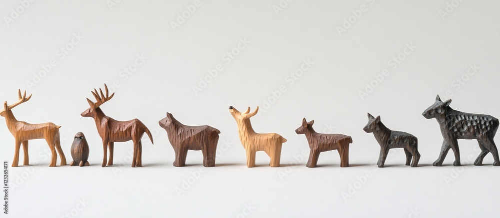 Fototapeta premium Wooden animal figurines line up on white background, minimalist design, wildlife decor