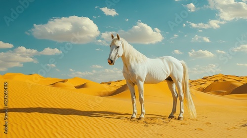 Majestic white horse in golden desert landscape photo