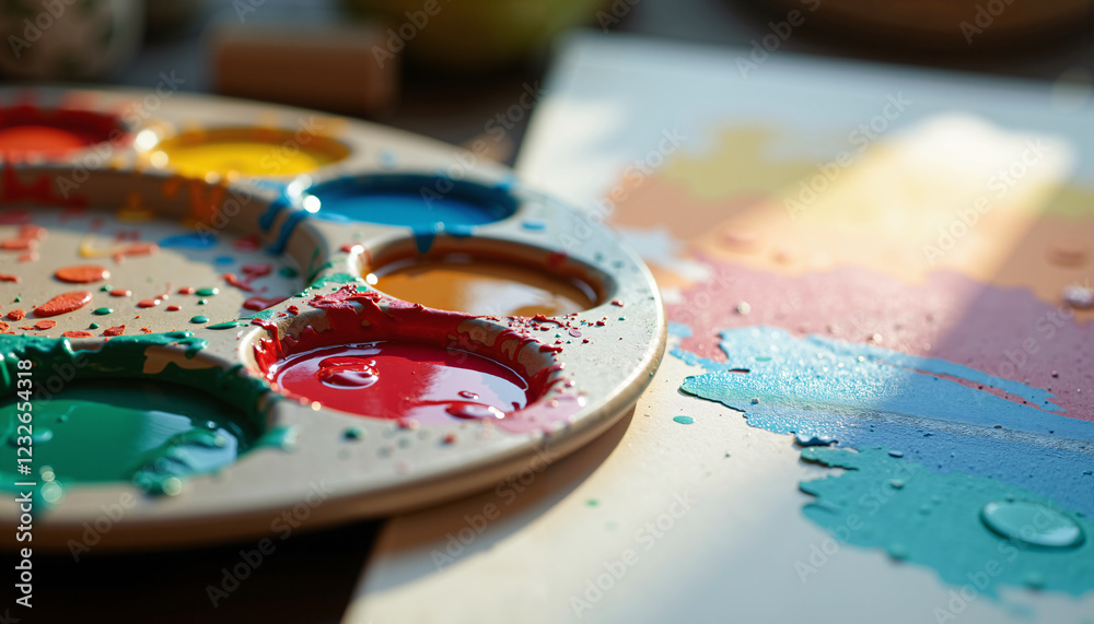 Fototapeta premium Colorful Artist s Palette with Vibrant Acrylic Paints and Splashes on Canvas