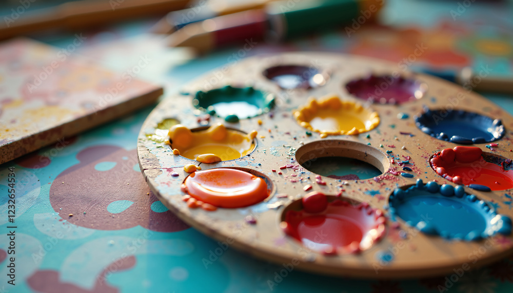 Vibrant Used Artist s Palette with Colorful Paint Splashes and Dabs Vibrant Used Artist s Palette with Colorful Paint Splashes and Dabs
