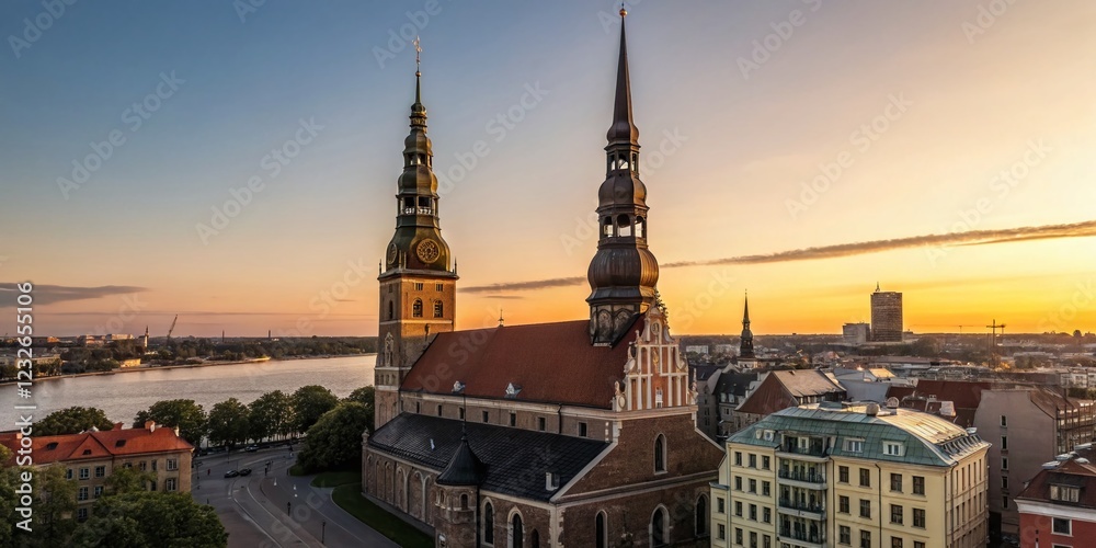 Riga Sunset: St. Peter's Church Vertical View - High-Resolution Stock Photo Riga Sunset: St. Peter's Church Vertical View - High-Resolution Stock Photo