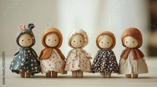 Five handmade dolls posed on wood, neutral background, craft project photo