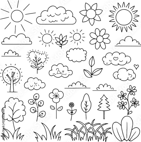 Vector Set of Nine Country Landscape Illustrations tree, bench, bush, mill, bike, fountain, clouds and mountains Vector illustration in cartoon style