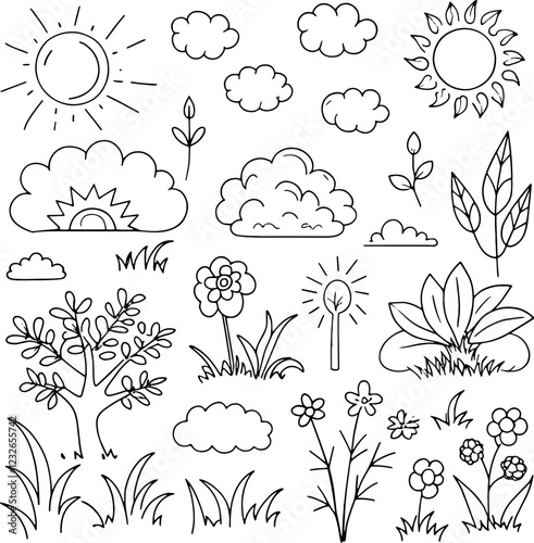 Vector Set of Nine Country Landscape Illustrations tree, bench, bush, mill, bike, fountain, clouds and mountains Vector illustration in cartoon style