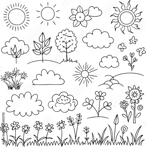 Vector Set of Nine Country Landscape Illustrations tree, bench, bush, mill, bike, fountain, clouds and mountains Vector illustration in cartoon style