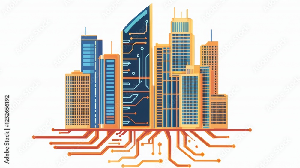 Obraz premium Futuristic Cityscape with Technology Circuit Board Elements