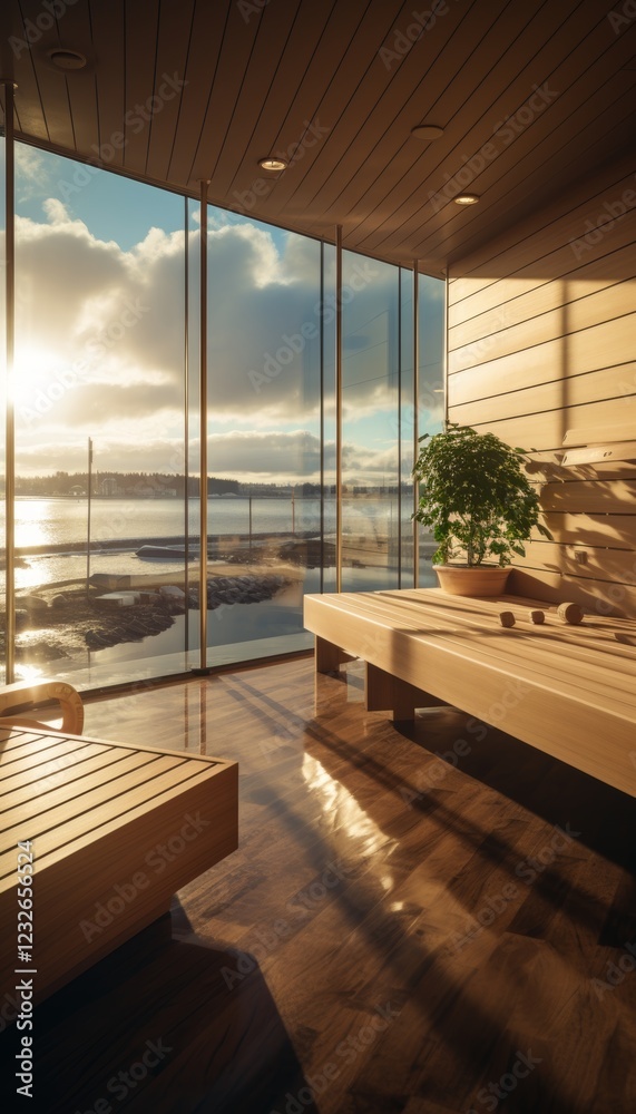 Fototapeta premium A modern wooden sauna with a large window allowing natural light to flood in. The interior is warm and inviting, featuring sleek wooden benches and a relaxing atmosphere. 