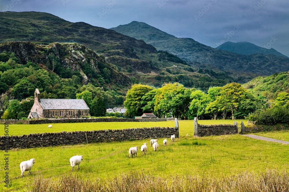 St. Mary's Church in the Snowdonia mountains village of Beddgelert, Gwynedd, north Wales. North east to Y Lliwedd and Yr Aran